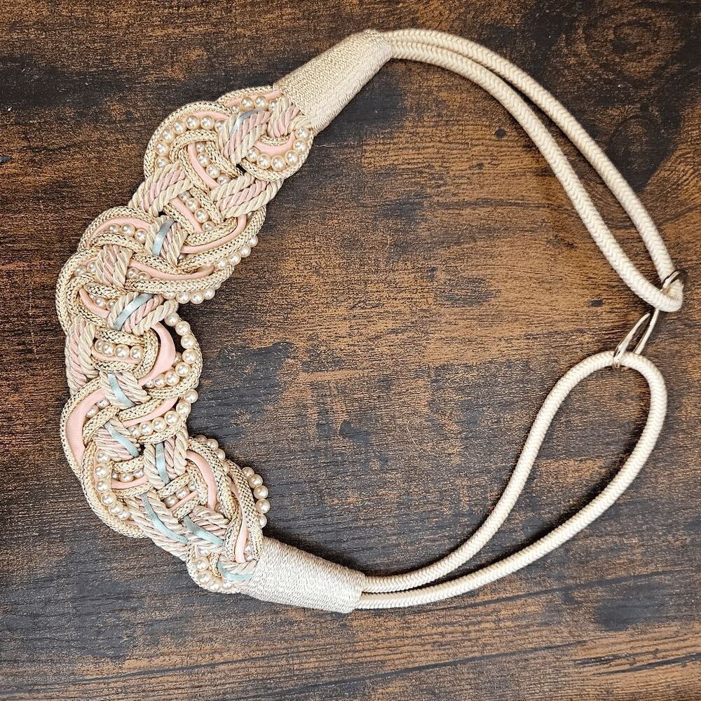 Vintage 1980's Women's Cream and Gold, Pink Blue Belt Braided Knots with Faux Pe